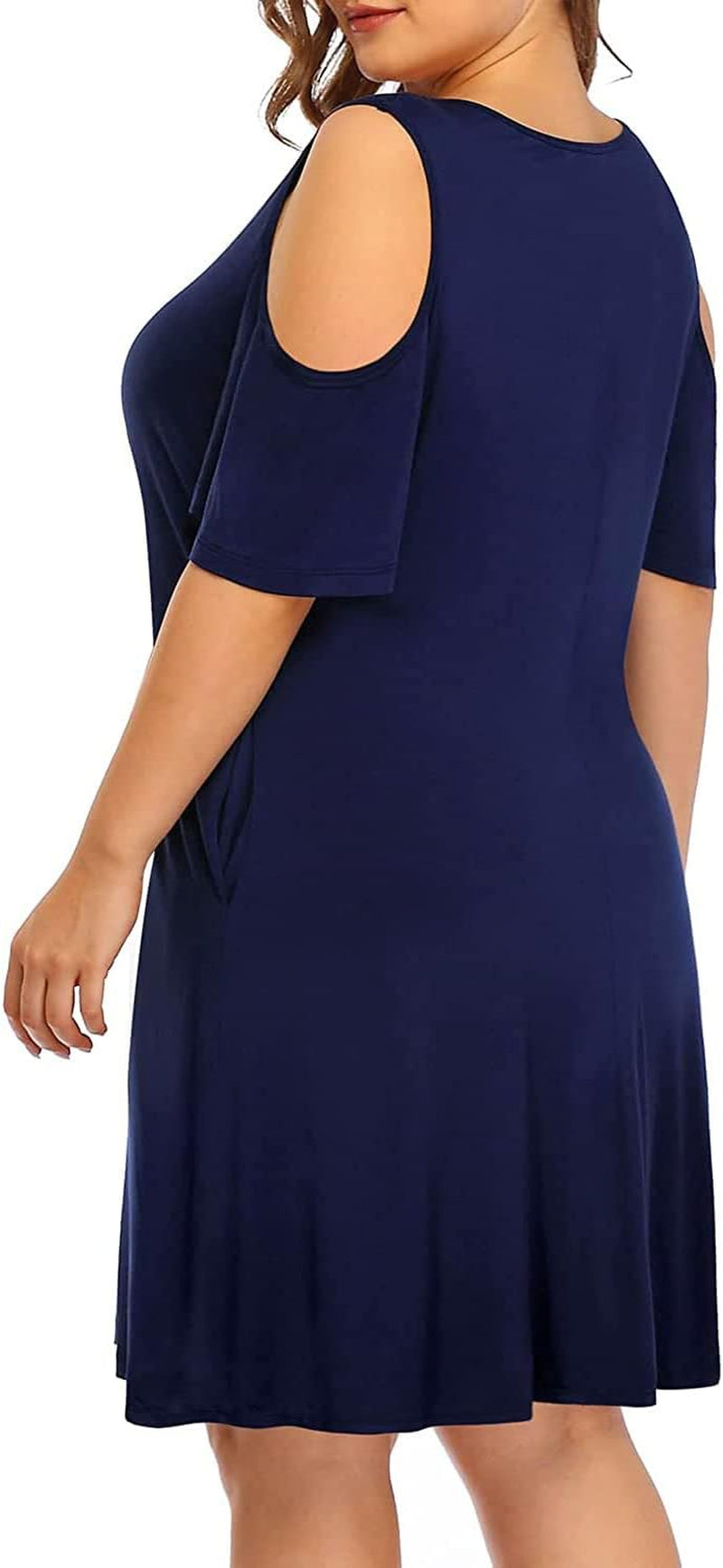 Women'S plus Size Sun Dress Cold Shoulder Casual T-Shirt Knee Length Sundresses with Pockets