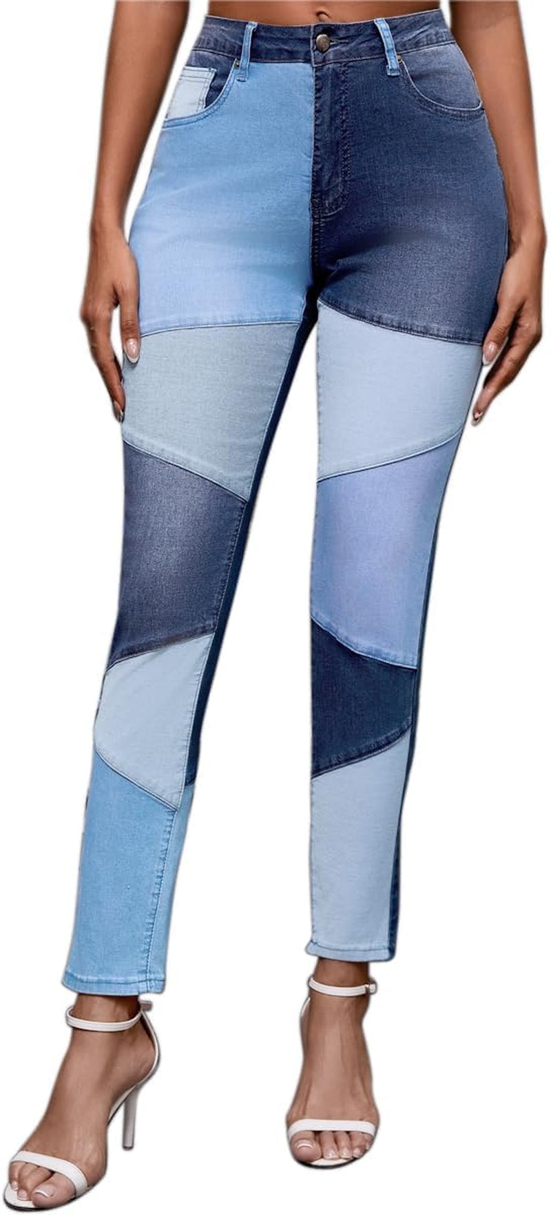 Women Mid Waist Stretchy Patchwork Denim Pants Jeans