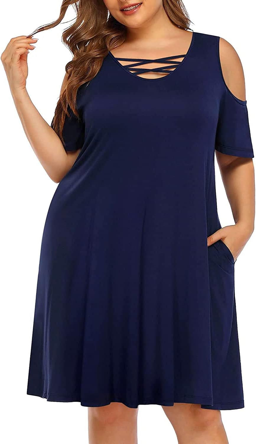 Women'S plus Size Sun Dress Cold Shoulder Casual T-Shirt Knee Length Sundresses with Pockets