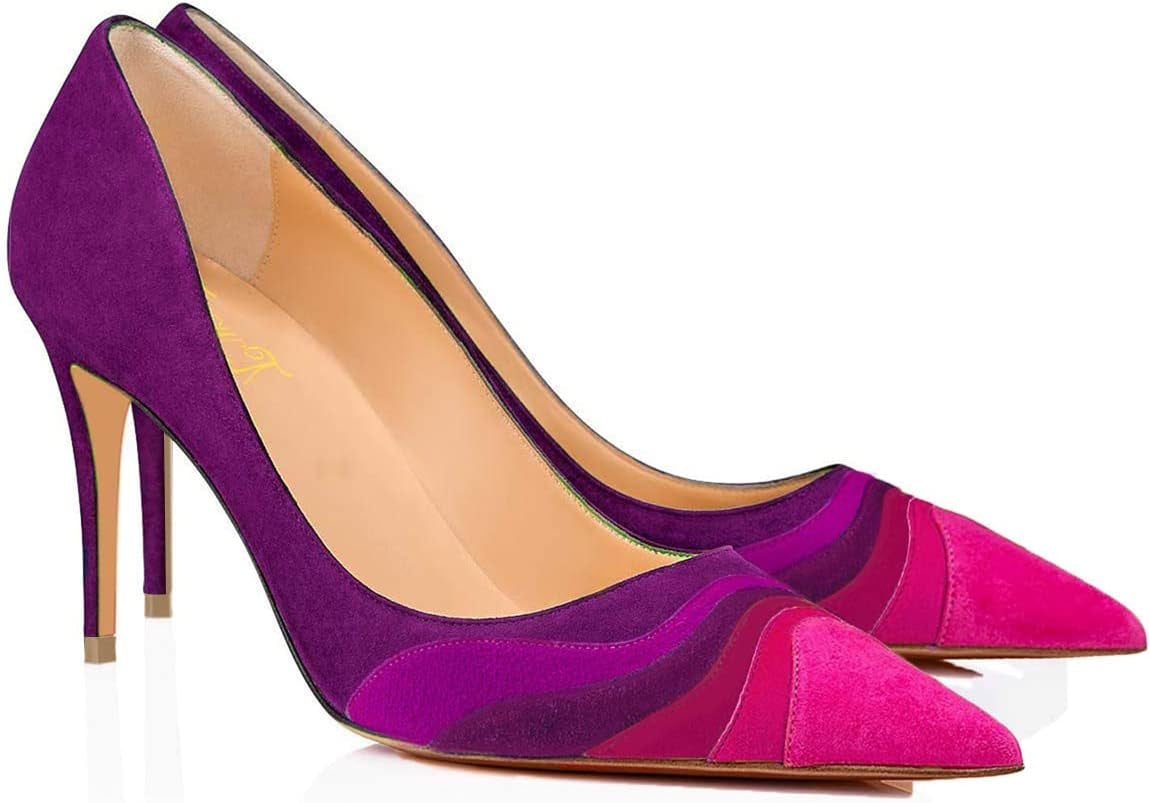 Women Kitten Heels Pumps High Heel Pointed Toe Pump Slip-On Rainbow Shoes for Dress Party Girl Ladies Full Size 4-16 M US
