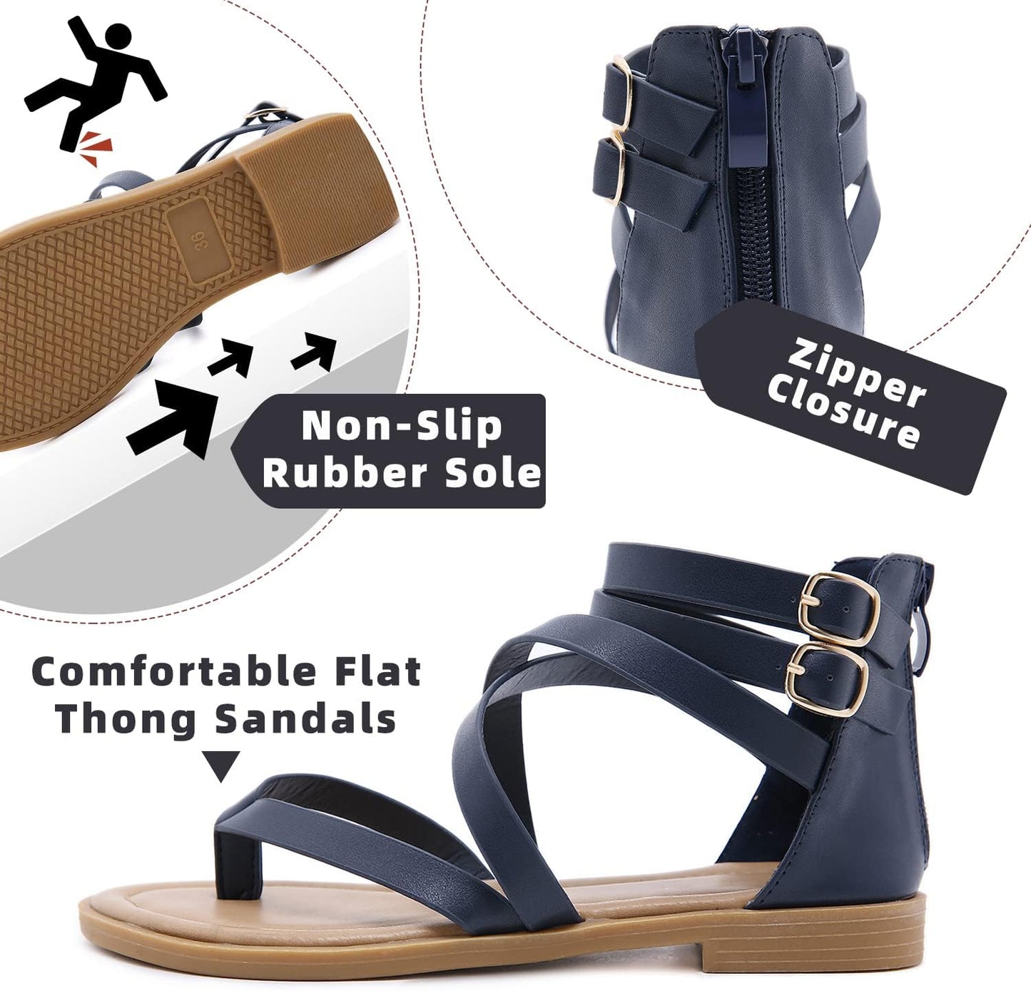 Gladiator Strappy Sandals for Women: Dressy Summer Comfortable Flat, Back Zipper Roman Comfy Womens Sandals