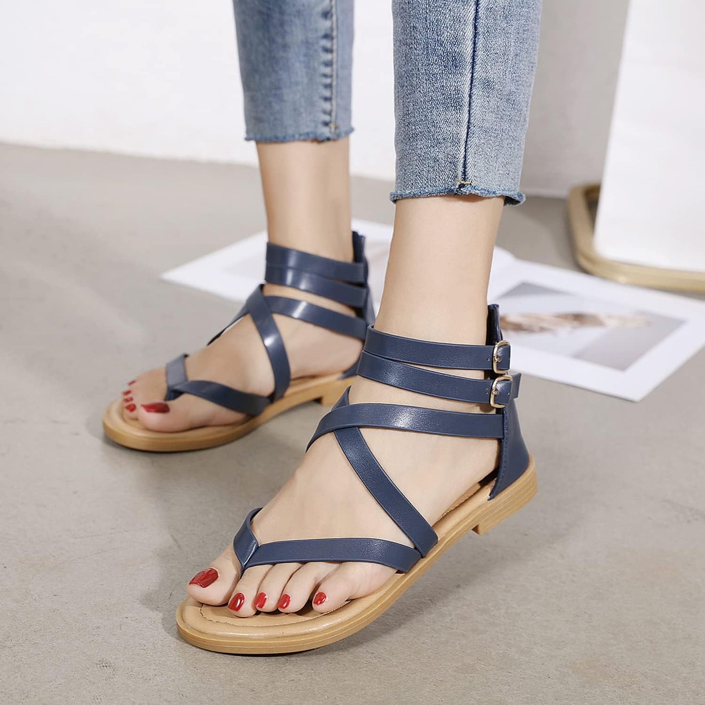 Gladiator Strappy Sandals for Women: Dressy Summer Comfortable Flat, Back Zipper Roman Comfy Womens Sandals