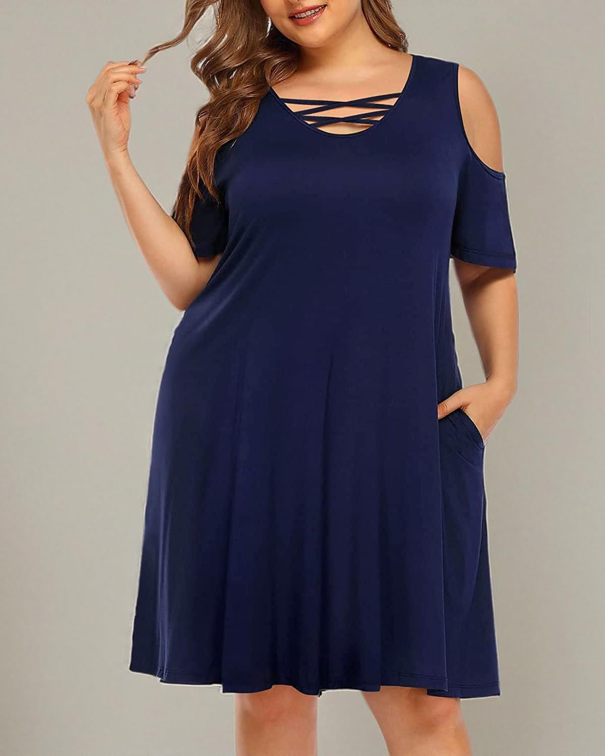 Women'S plus Size Sun Dress Cold Shoulder Casual T-Shirt Knee Length Sundresses with Pockets