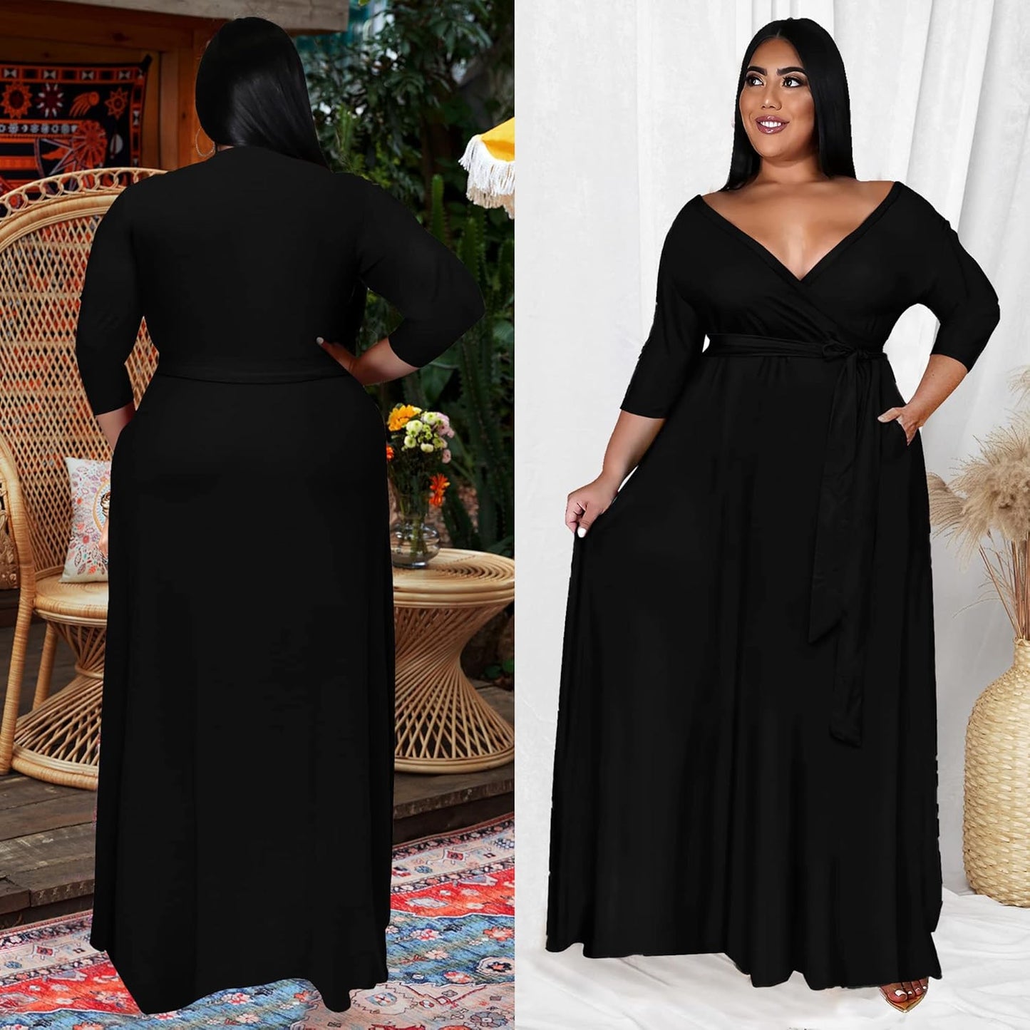 plus Size Dress for Women - 3/4 Sleeve V Neck Printing Maxi Dresses for Women (XL-6XL)