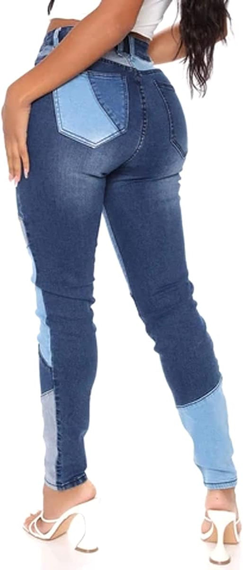 Women Mid Waist Stretchy Patchwork Denim Pants Jeans