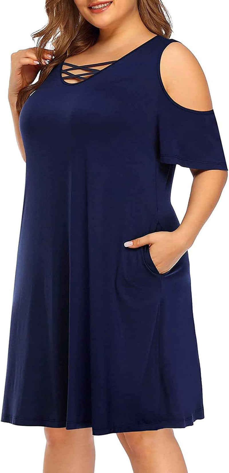 Women'S plus Size Sun Dress Cold Shoulder Casual T-Shirt Knee Length Sundresses with Pockets