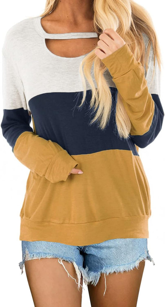 Women'S Fall Color Block Chest Cutout Tunics Long Sleeve Shirts Scoop Neck Blouse Casual Loose Fit Tops