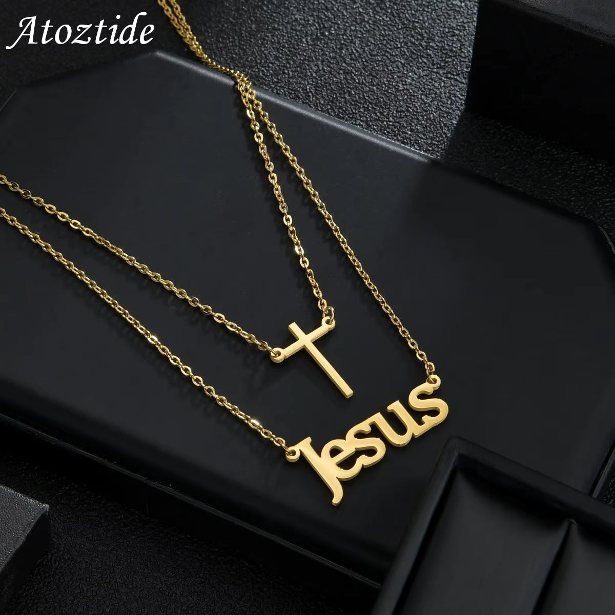 Atoztide Customized Letter Cross Necklace Choker Stainless Steel Summer Letter Double Layers Name Pendant Jewelry for Women Gift