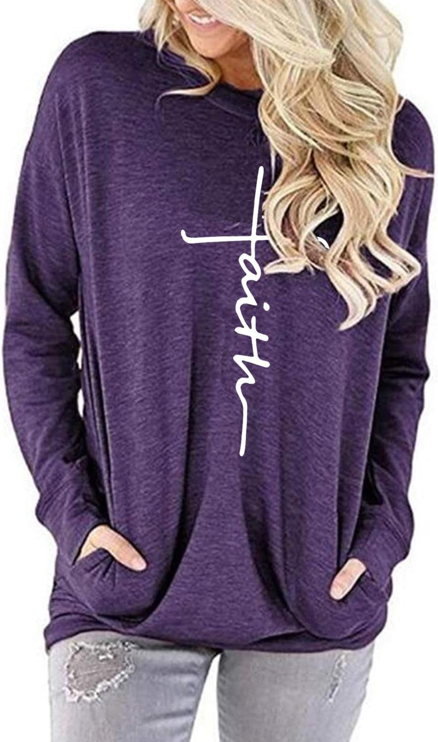 Women'S Faith Sweatshirt Loose Fit Long Sleeve Crewneck Christian Letter Print Tunic Tops with Pocket