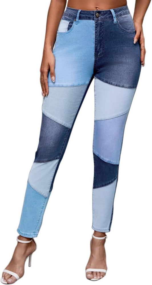 Women Mid Waist Stretchy Patchwork Denim Pants Jeans