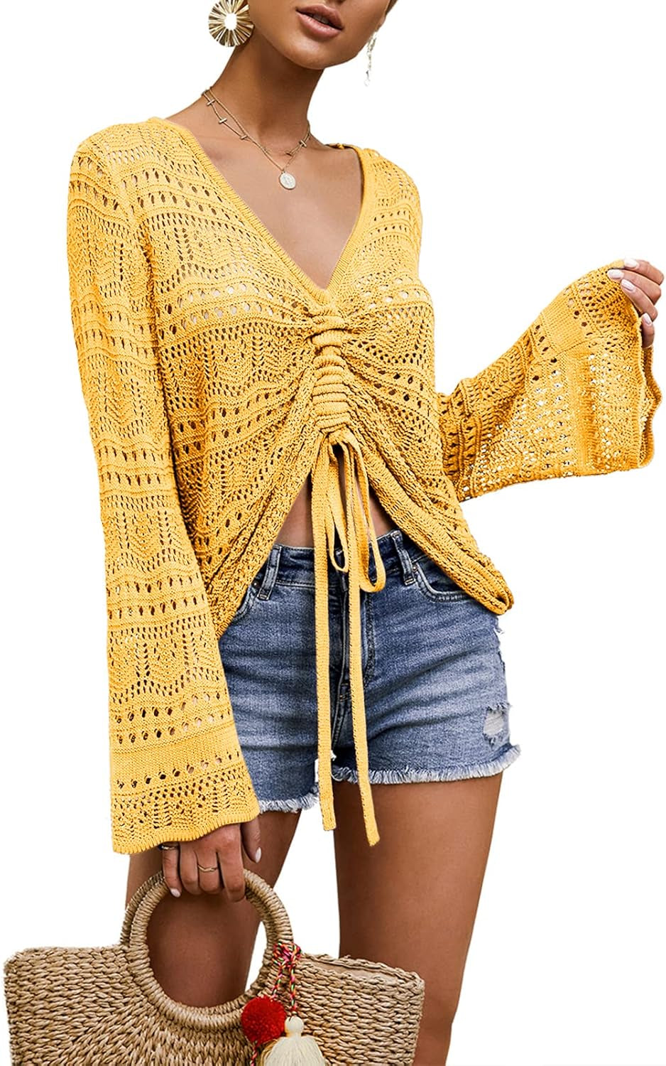 Womens Boho off Shoulder Sheer Crop Tops Bell Sleeve Flowy Oversized Crochet Ruched Pullover Sweaters