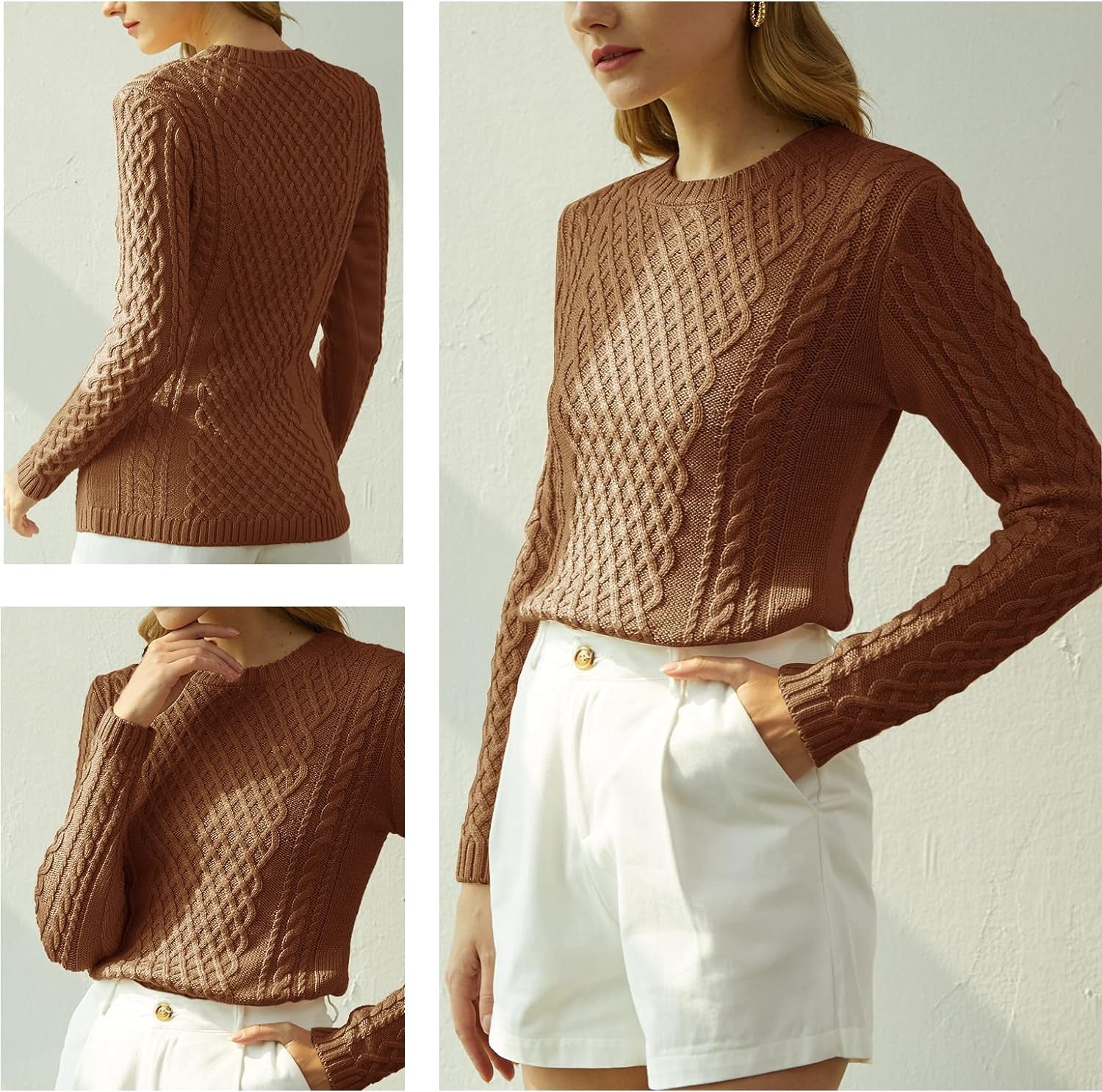 Women Crew Neck Knit Stretchable Elasticity Long Sleeve Sweater Jumper Pullover