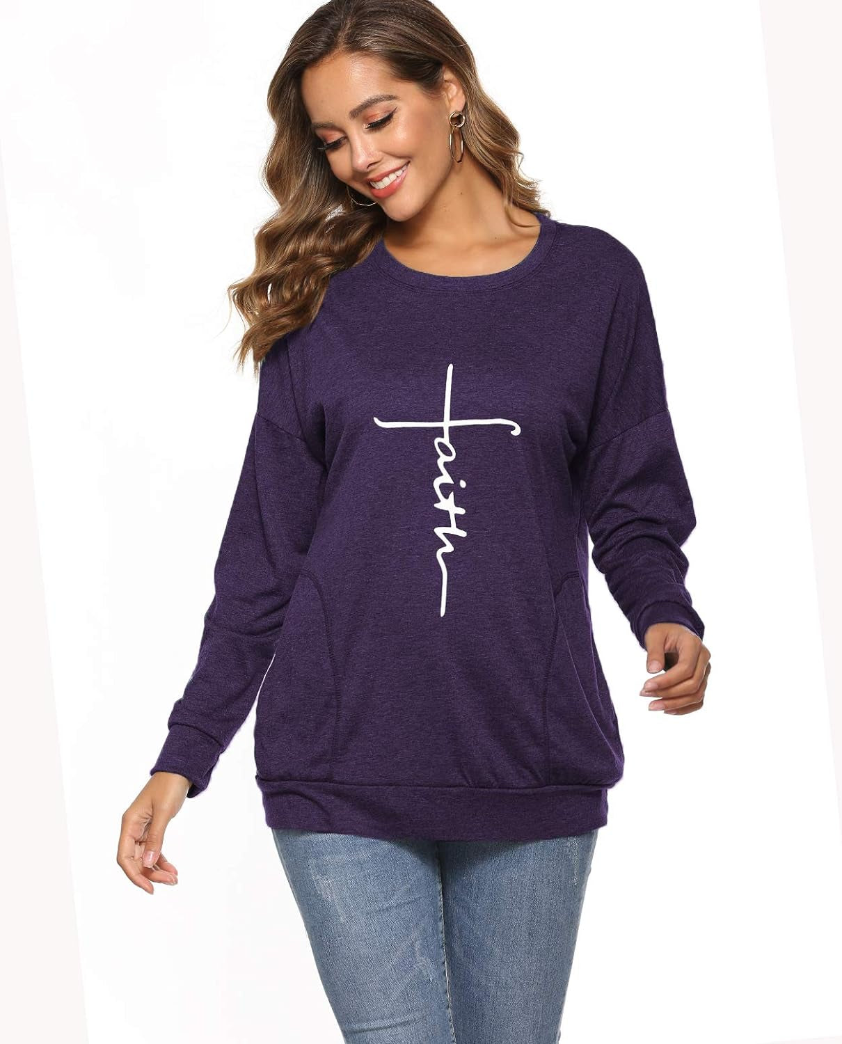 Women'S Faith Sweatshirt Loose Fit Long Sleeve Crewneck Christian Letter Print Tunic Tops with Pocket