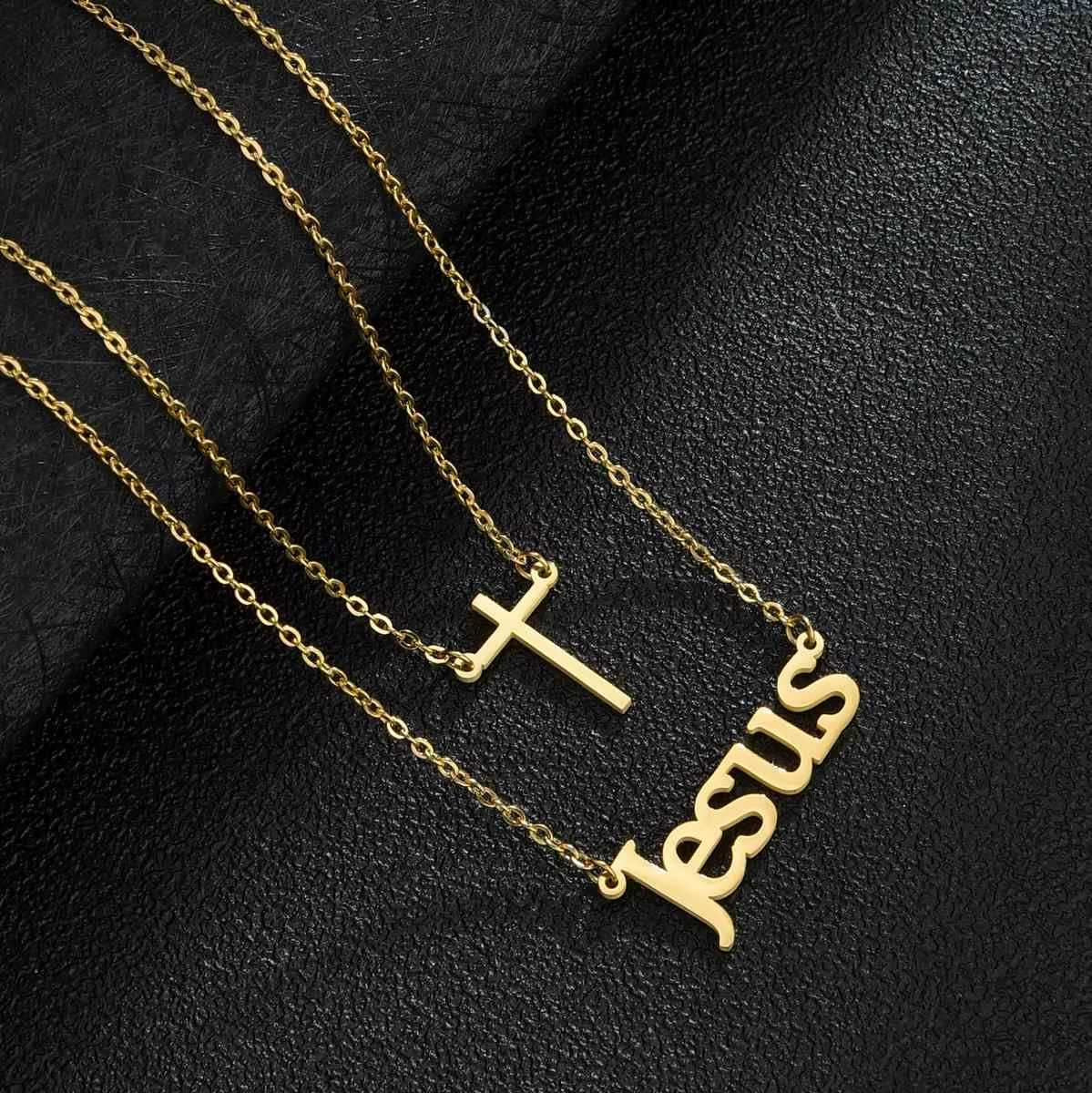 Atoztide Customized Letter Cross Necklace Choker Stainless Steel Summer Letter Double Layers Name Pendant Jewelry for Women Gift