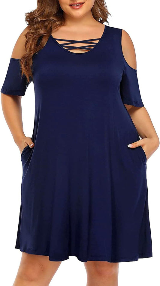 Women'S plus Size Sun Dress Cold Shoulder Casual T-Shirt Knee Length Sundresses with Pockets