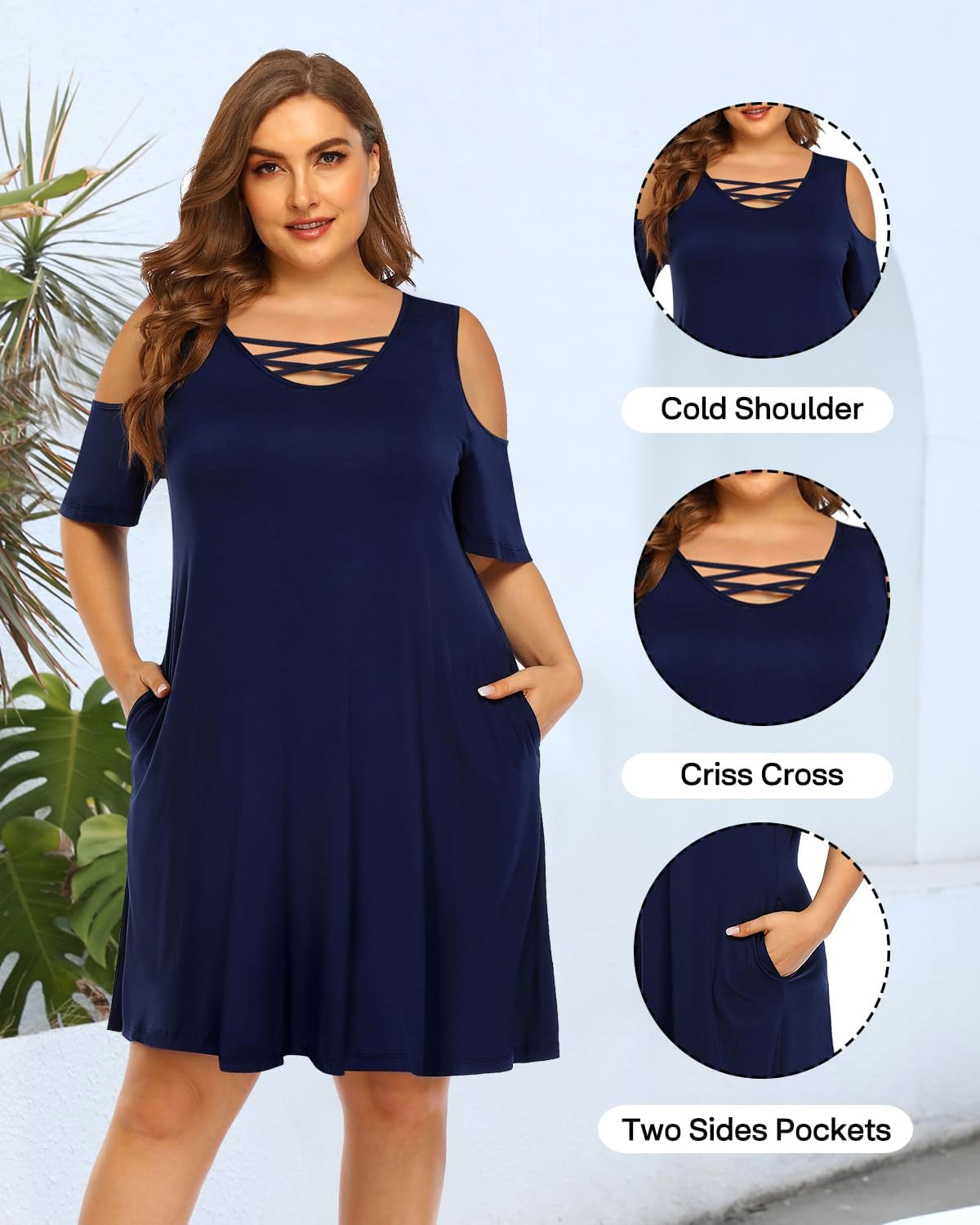 Women'S plus Size Sun Dress Cold Shoulder Casual T-Shirt Knee Length Sundresses with Pockets